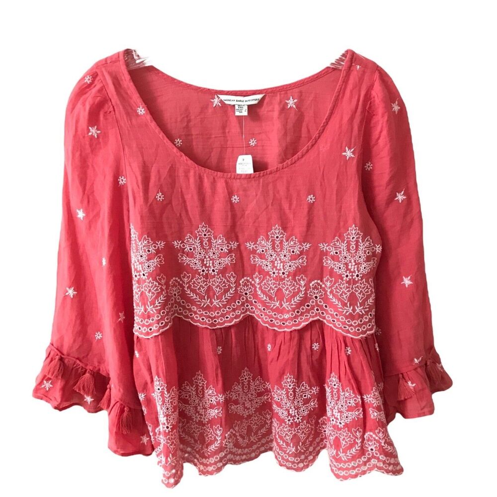 NWT American Eagle  Boho Coral white￼Embroidered  TASSEL Tunic Top XS
